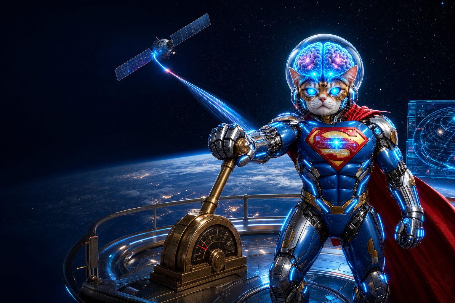 Super Duper Cat on an orbital platform above Earth, one paw on a brass lever, redirecting a satellite beam